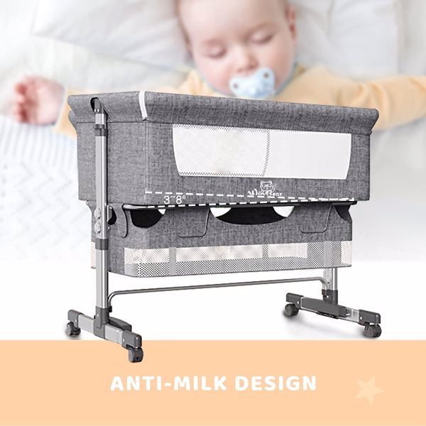 3-in-1 Bedside Crib With Mosquito Net, Large Storage Bag, Comfortable Mattress With Lockable Wheels, Grey