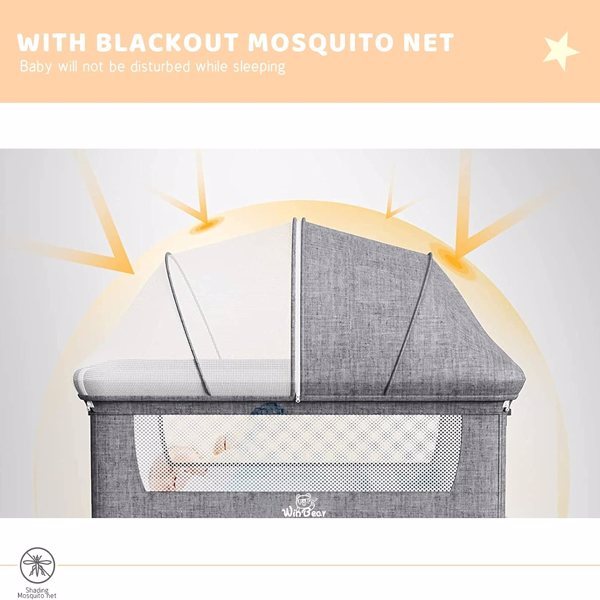 3-in-1 Bedside Crib With Mosquito Net, Large Storage Bag, Comfortable Mattress With Lockable Wheels, Grey